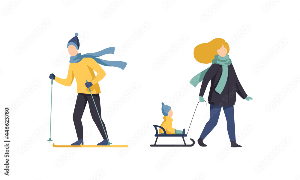 Winter Time Outdoor Activities Set, Mom Carrying her Child on Sled, Man Skiing Flat Vector Illustration Winter Time Outdoor Activities Set, Mom Carrying her Child on Sled, Man Skiing Flat Vector Illustration
