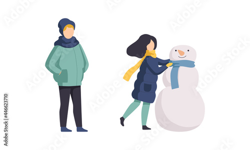 Winter Time Outdoor Activities Set, Children Wearing Winter Clothes Making Snowman Flat Vector Illustration