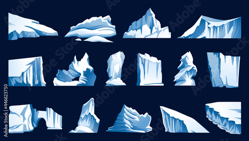 Drifting arctic glaciers, ice rocks, icebergs, blocks of ice, antarctic ice peaks, snow mountains. Arctic, Antarctic and North Pole. Collection of cartoon vector landscape elements