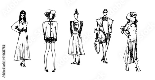 Five Stylish Models. Fashion Freehand Illustration in Vector.