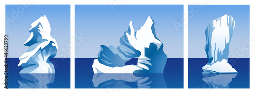 Iceberg vector collection. Set of glaciers, blocks of ice, ice floe, mountains. Arctic, Antarctic and North Pole. Landscape elements. Cartoon vector illustrations