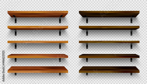 Fototapeta Naklejka Na Ścianę i Meble -  Realistic empty wooden store shelves set. Product shelf with wood texture and black wall mount. Old grocery rack. Vector illustration.