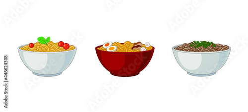 Vector Set of Different Noodles in Bowls Isolated o White Background, Ramen, Italian Pasta, Soba Noodle.
