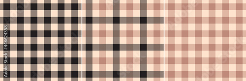 Gingham pattern set in beige, black, pink. Seamless vichy prints for spring summer autumn neutral dress, jacket, shirt, skirt, trousers. Geometric fashion design for textile and paper. Buffalo check.