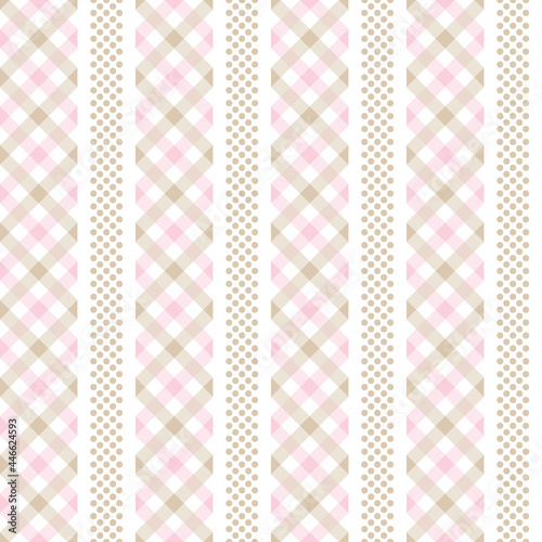 Abstract geometric vector pattern with gingham stripes and polka dot. Seamless pink, beige, white pastel background graphic for spring summer tablecloth, mug, wallpaper, towel, other textile prints.