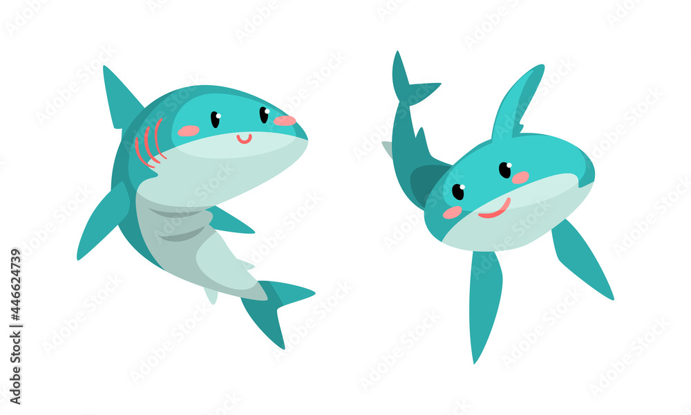 Cute Sharks set, Amusing Sea Animal with Friendly Face Expression Cartoon Vector Illustration Cute Sharks set, Amusing Sea Animal with Friendly Face Expression Cartoon Vector Illustration