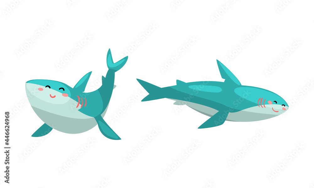 Obraz premium Friendly Sharks set, Amusing Sea Animal with Cute Face Expression Cartoon Vector Illustration
