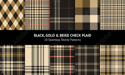 Tartan check pattern set in gold brown, beige, black, red. Seamless neutral check plaid for flannel shirt, duvet cover, dress, skirt, other modern spring summer autumn winter fashion fabric print. photo