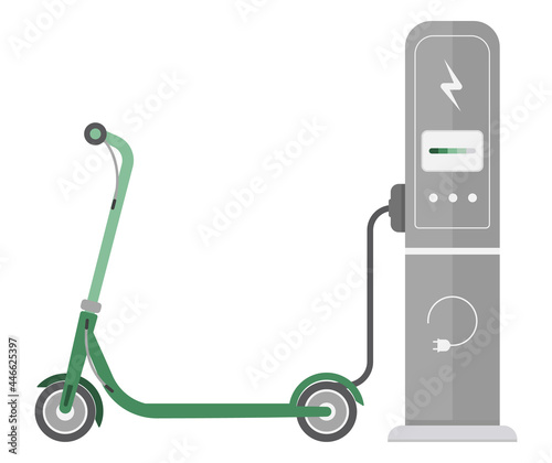 Ecological transport powered by energy sources. The electric scooter is charged from a power source. Vector illustration isolated on white background.