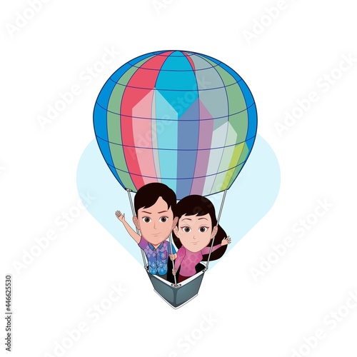 cartoon caricature a couple on a hot air balloon ride