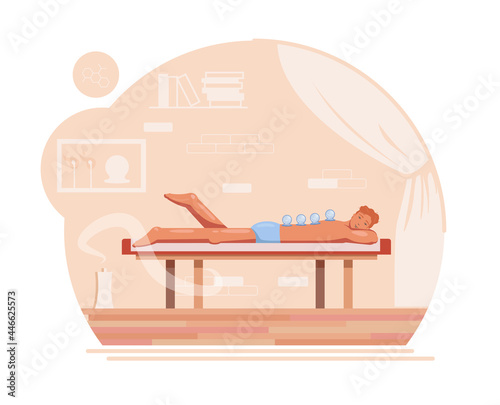 Cupping therapy vector flat design illustration. alternative medicine scene with application of heated cups. Man is lying in underwear with cups placed on his back