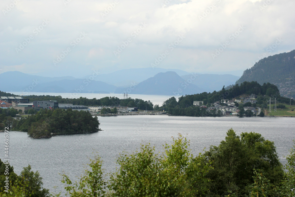 View of Husnes village in Kvinnherad municipality in Vestland county, Norway