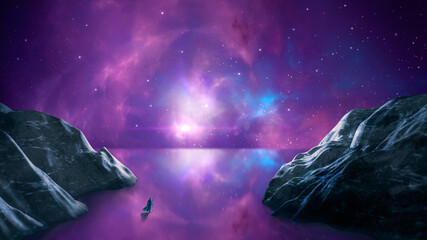 Papier peint photo Prune Magician standing in sci-fi mountain canyon landscape on reflection surface with nebula, star and sun. Digital painting illustration. Element furnished by NASA. 3d rendering  © Space Creator