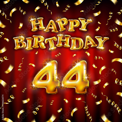 Golden number forty four metallic balloon. Happy Birthday message made of golden inflatable balloon. 44 number etters on red background. fly gold ribbons with confetti. vector illustration photo
