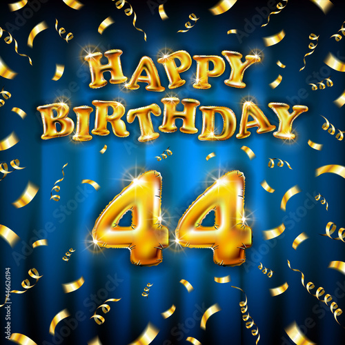 Golden number forty four metallic balloon. Happy Birthday message made of golden inflatable balloon. 44 number etters on blue background. fly gold ribbons with confetti. vector illustration photo