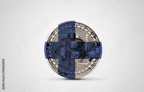 Finland flag on a bitcoin cryptocurrency coin. 3D Rendering