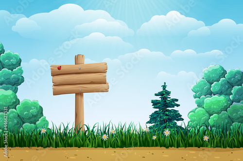 Wooden sign on summer landscape. sunny day scene with signboard on green glade in forest or park. cartoon nature banner or background. vector illustration of beautiful woodland with trees, flowers.