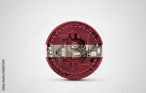 Latvia flag on a bitcoin cryptocurrency coin. 3D Rendering