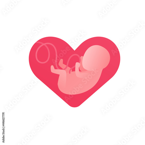 Mother love concept. Vector flat illustration. Fetus with placenta cord inside heart shape symbol isolated on white background. Design for family planning.