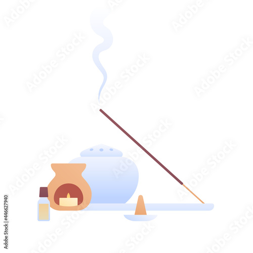 Aromatherapy, wellness lifestyle and holistic remedy concept. Vector flat illustration. Aroma lamp and reed diffuser with candle isolated on white background. Design element for beauty industry