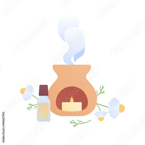 Aromatherapy, wellness lifestyle and holistic remedy concept. Vector flat illustration. Aroma oil lamp device with candle and steam isolated on white background. Design element for beauty industry