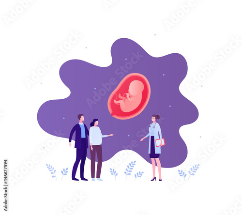 Family planning concept. Vector flat people illustration. Father and mother on appointment with female doctor. Embryo in uterus. Design for health care, pharmacology, gynecology, infertility treatment