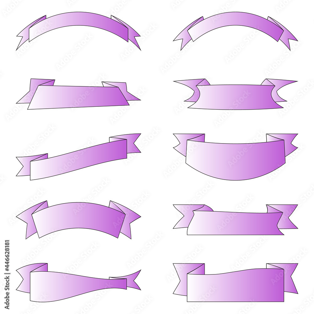 Vector collection of pink gradient ribbon banners. Traditional ribbon strips with copyspace. Business and design templates. Elements for decor, logo, postcards. Isolated shapes on white background.