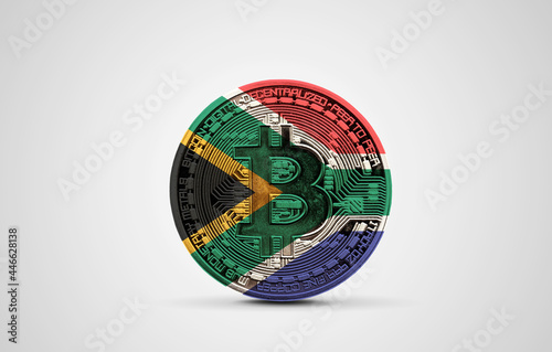 South Africa flag on a bitcoin cryptocurrency coin. 3D Rendering