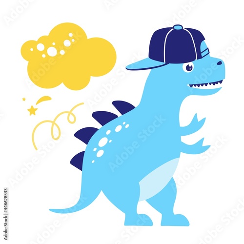 Dinosaur in a baseball cap funny isolated on a white background vector illustration. In a flat style for printing on textiles and souvenirs.