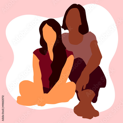 Vector flat illustration. Two girls, dark and light, are sitting next to each other in an embrace. The illustration is suitable for greeting cards, advertising, printing on clothes.