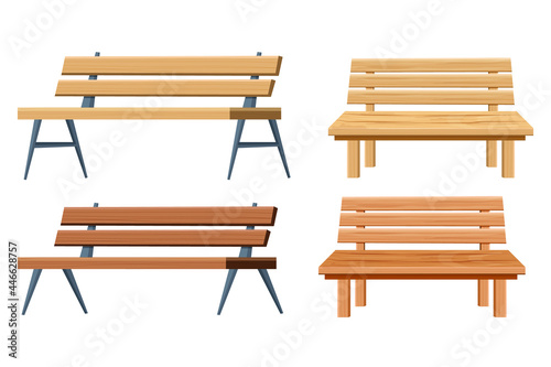 Set of benches, park or garden decorations in cartoon style isolated on white background, wooden detailed and textured collection, different view