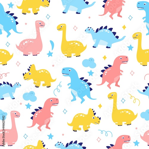 Dinosaurs funny pattern on a white background vector illustration. In a flat style for printing on textiles and souvenirs.
