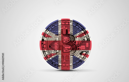UK flag on a bitcoin cryptocurrency coin. 3D Rendering