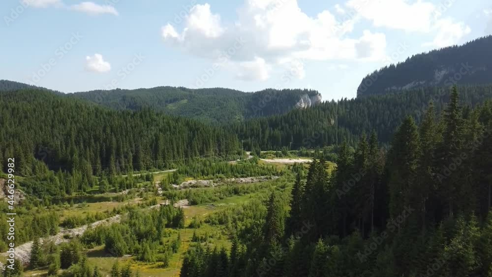 Specific temperate climate alpine landscape with limestone gorges and widespread coniferous forests in the Bucegi Natural Park , part of the Carpathian mountain range in Romania. Specific temperate climate alpine landscape with limestone gorges and widespread coniferous forests in the Bucegi Natural Park , part of the Carpathian mountain range in Romania.