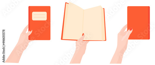 Reading books vector stock illustration. The notebook is held by a female hand. Space for the text. A set of stickers. Pattern. Isolated on a white background.