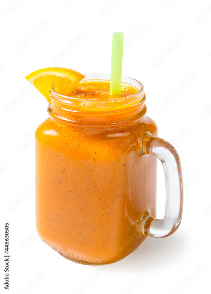 Mango orange banana and kiwi smoothie in a glass jar with a orange slice. Isolated on a white background. Mango orange banana and kiwi smoothie in a glass jar with a orange slice. Isolated on a white background.