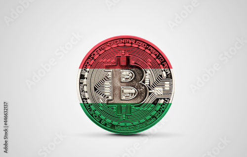 Hungary flag on a bitcoin cryptocurrency coin. 3D Rendering