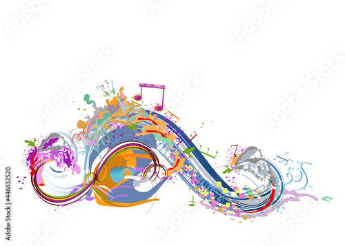 Abstract musical design with a treble clef and colorful splashes  notes and waves.  Colorful treble clef. Hand drawn vector illustration.