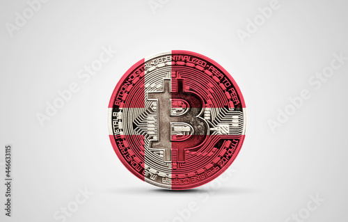Denmark flag on a bitcoin cryptocurrency coin. 3D Rendering