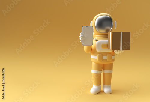 3d Render Astronaut man delivering a package with blank mobile mockup 3d illustration Design.