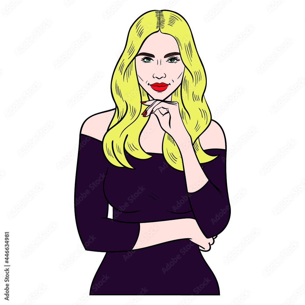 elegant woman with blond long hair with hands on chin. elegant woman with blond long hair with hands on chin.