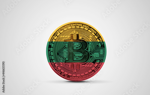 Lithuania flag on a bitcoin cryptocurrency coin. 3D Rendering