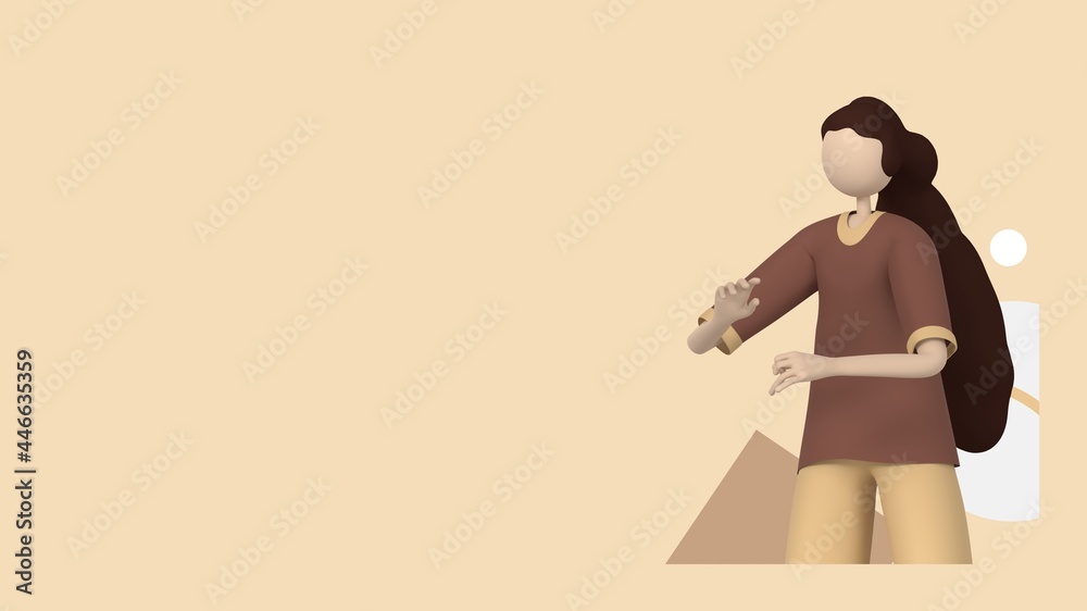 Woman gesture on isolated soft brown color background, different pose, trendy 3d illustration, 3d render.