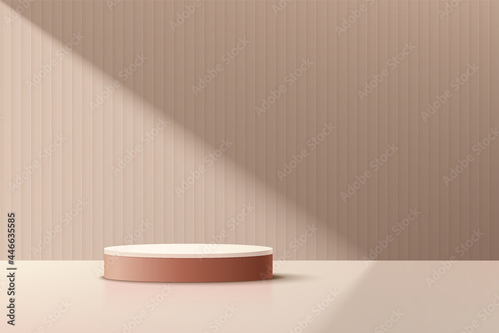 Dark pink cylinder platform podium in minimal style. Window lighting. Beige color abstract wall scene. Geometric pedestal with shadow. Vector rendering 3d shape for Product display presentation. Dark pink cylinder platform podium in minimal style. Window lighting. Beige color abstract wall scene. Geometric pedestal with shadow. Vector rendering 3d shape for Product display presentation.