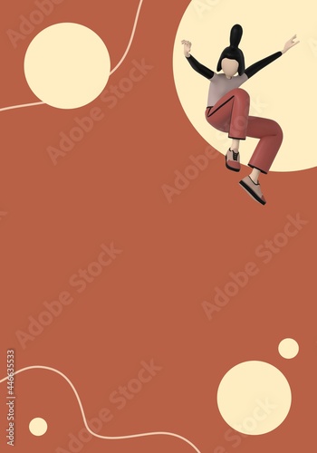 Woman jump on isolated brown color background, trendy 3d illustration, 3d render.
