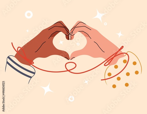 Two hands folded in shape of heart. Multinational hand of couple touch each other. Love or friendship concept between peoples of different races. Red string of fate, faith destiny. Vector illustration