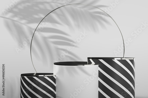 Abstract black and white cylinder platform podium. Shadow and white minimal wall scene. Modern 3d rendering shape for product display presentation. Geometric pedestal design photo