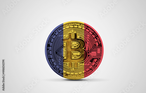 Romania flag on a bitcoin cryptocurrency coin. 3D Rendering