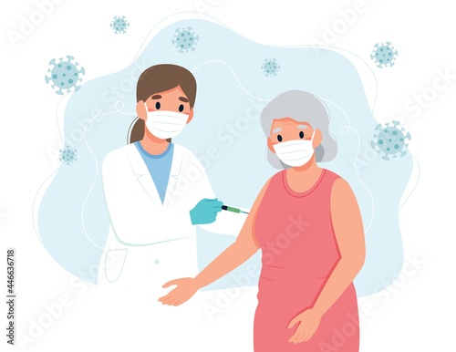 Vaccination for the elderly, senior woman and a doctor with a syringe. Concept illustration in flat cartoon style