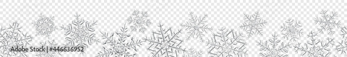 Banner of big complex translucent Christmas snowflakes in gray colors, isolated on transparent background. With seamless horizontal repetition. Transparency only in vector format